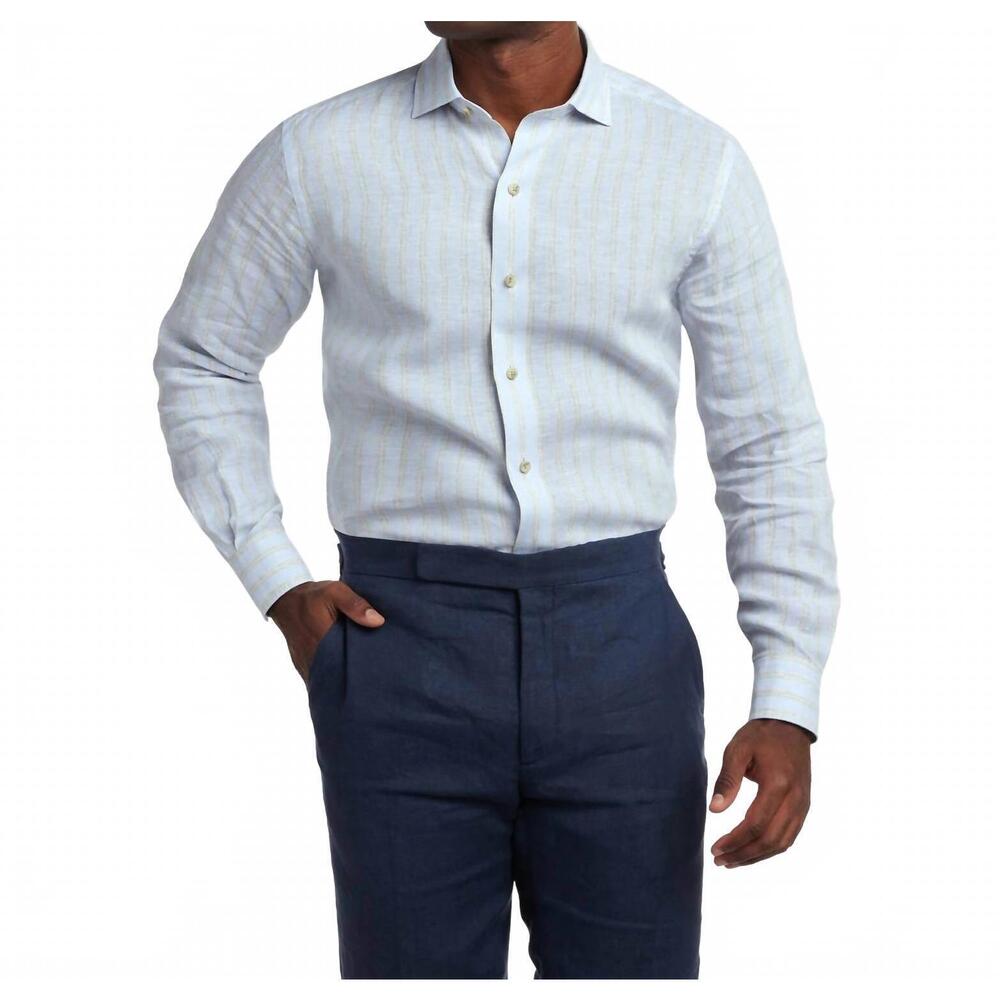 NEW DAVID DONAHUE linen stripe sport shirt in sky/dune